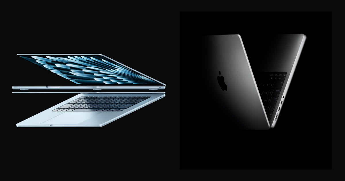 MacBook Air M5 in sky blue next to MacBook Pro M5 in space black